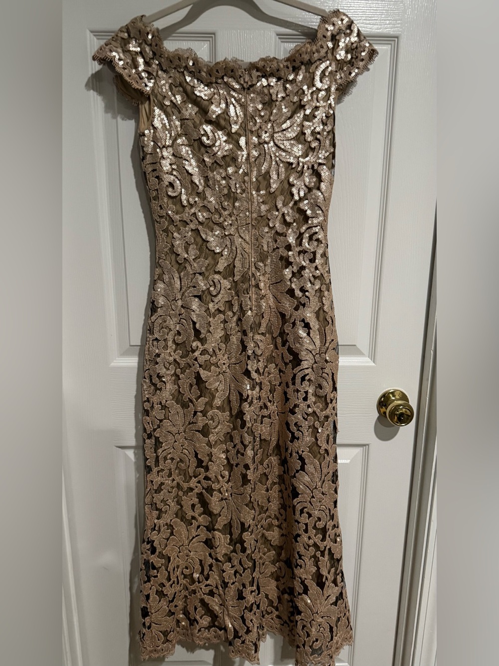 Tadashi Shoji Taupe Lace Sequin Maxi Dress